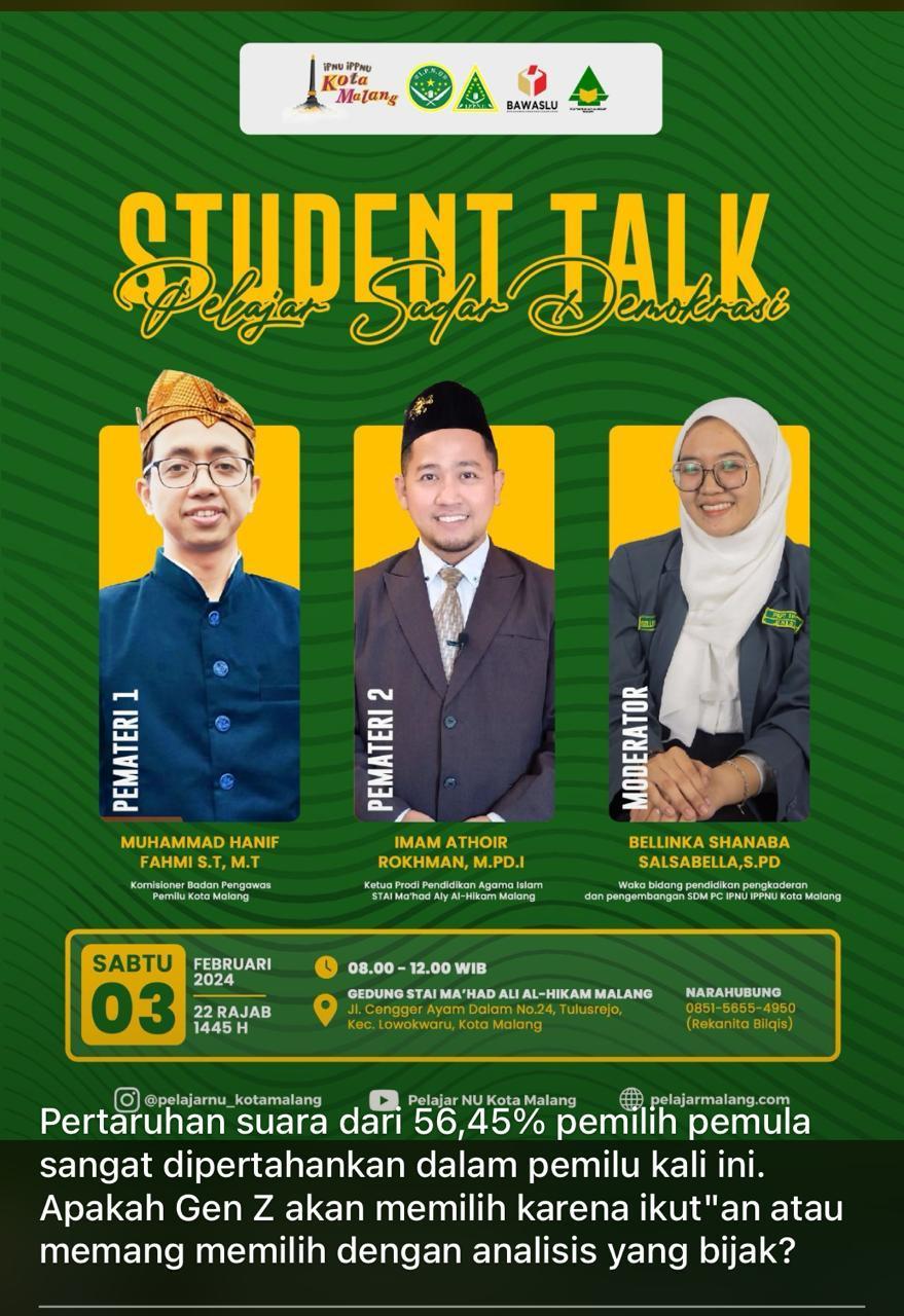IPNU-IPPNU Kota Malang Sukses Gelar Seminar Student Talk 